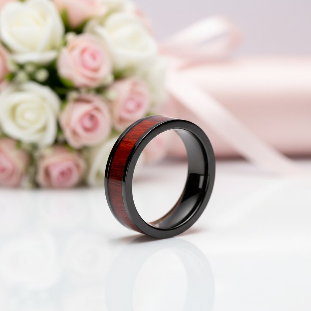 Flat Vintage Wooden Titanium Wedding Band-Black Diamonds New York
