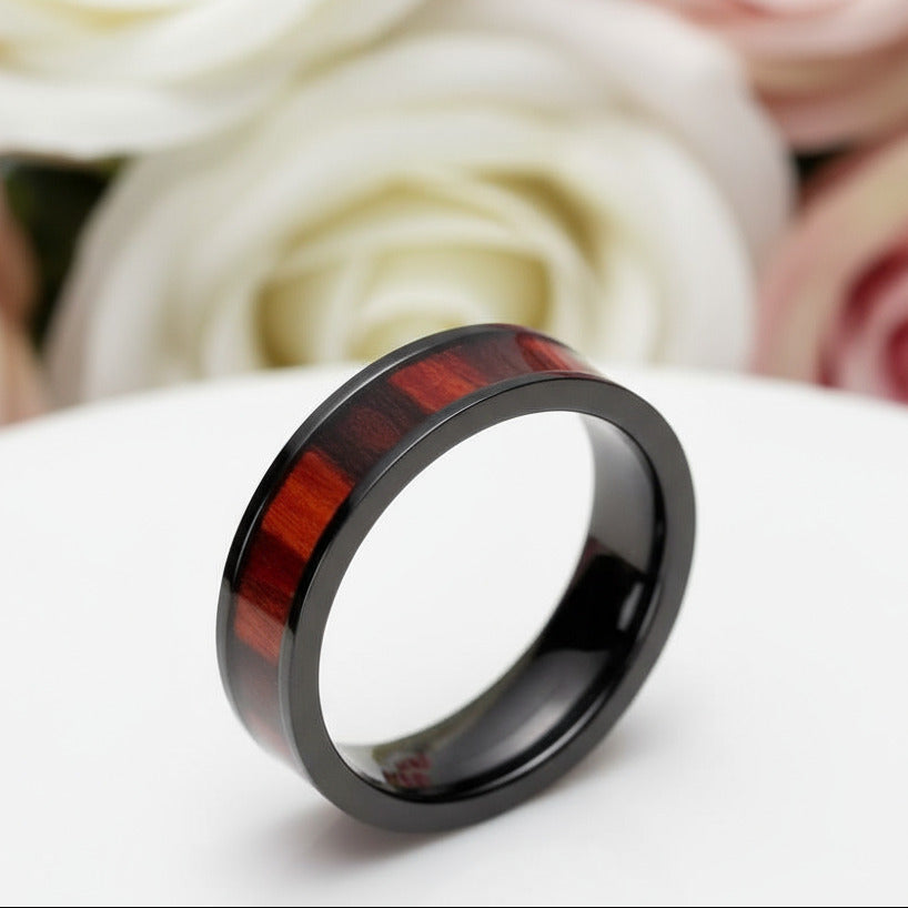 Flat Vintage Wooden Titanium Wedding Band-Black Diamonds New York