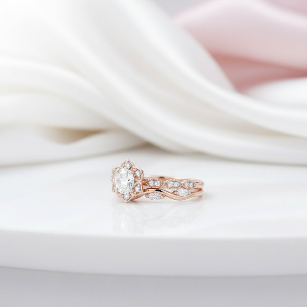 Flower 14k Rose Gold 0.5 Ct Round Cut Diamond Option Engagement Ring-Black Diamonds New York
