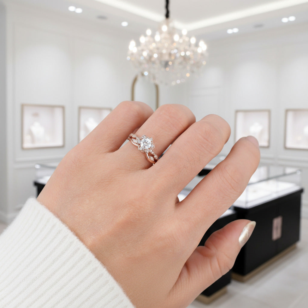 Flower 14k Rose Gold 0.5 Ct Round Cut Diamond Option Engagement Ring-Black Diamonds New York