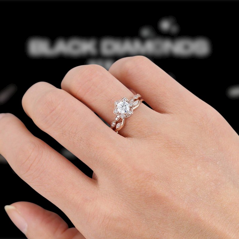 Flower 14K Rose Gold 0.5ct Round Cut Moissanite Engagement Ring-Black Diamonds New York