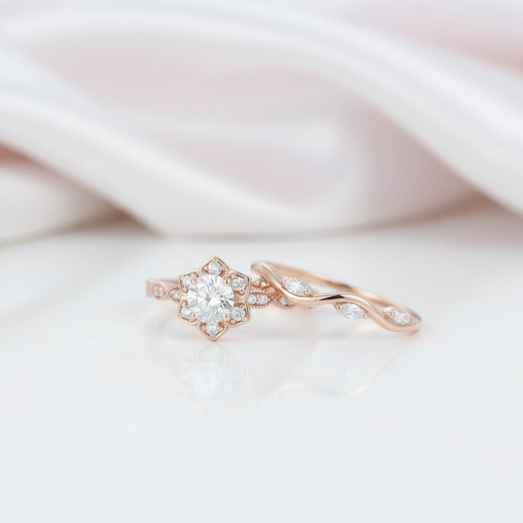 Flower 14k Rose Gold 0.5 Ct Round Cut Diamond Option Engagement Ring-Black Diamonds New York