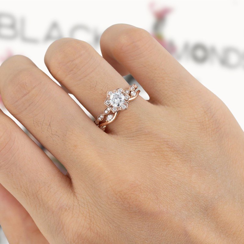 Flower 14K Rose Gold 0.5ct Round Cut Diamond Engagement Ring-Black Diamonds New York