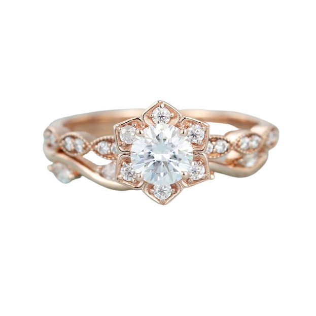 Flower 14K Rose Gold 0.5ct Round Cut Moissanite Engagement Ring-Black Diamonds New York