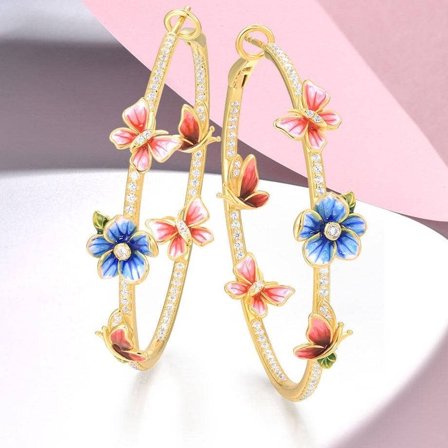 Flower & Butterfly Hoop Earrings-Black Diamonds New York