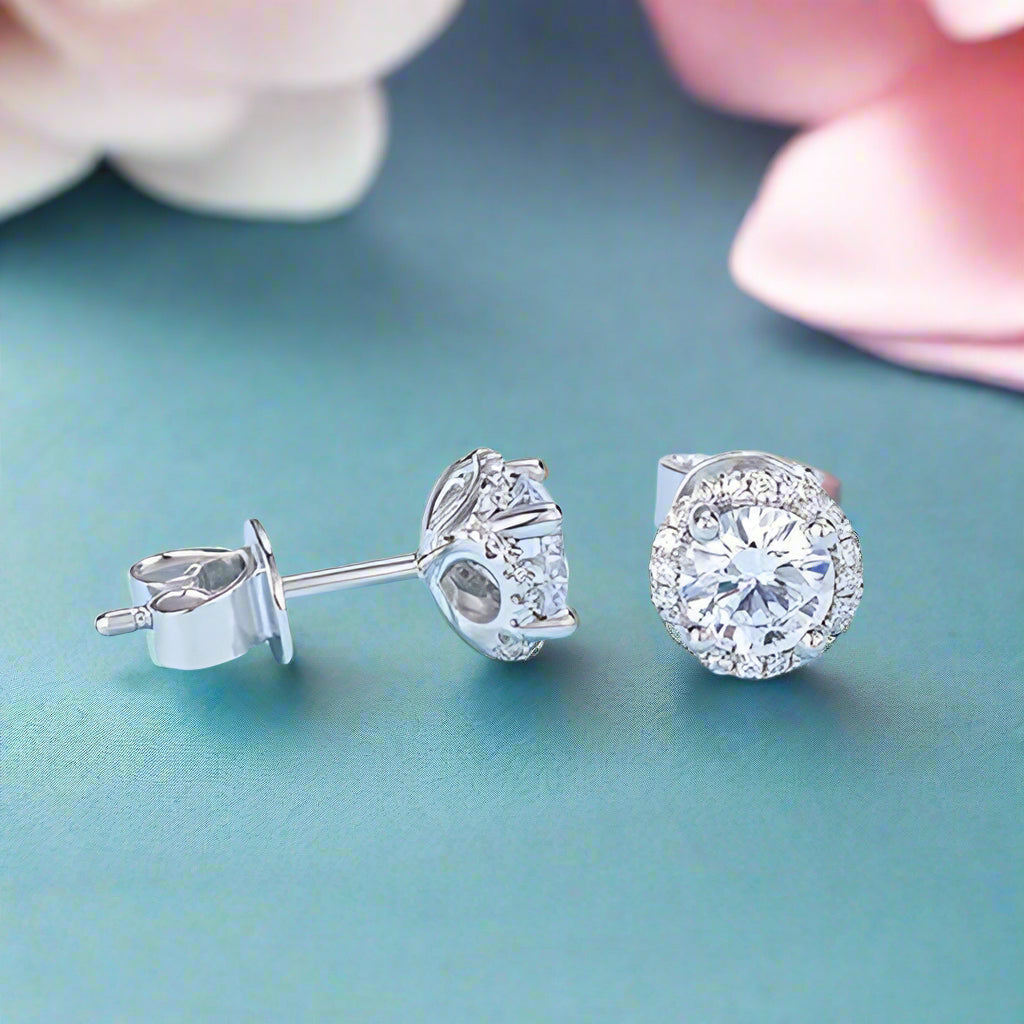 Flower Design Halo 1.0 Carat Round Cut Diamond Stud Earrings-Black Diamonds New York