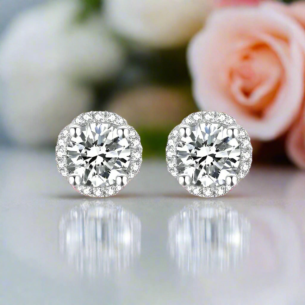 Flower Design Halo 1.0 Carat Round Cut Diamond Stud Earrings-Black Diamonds New York