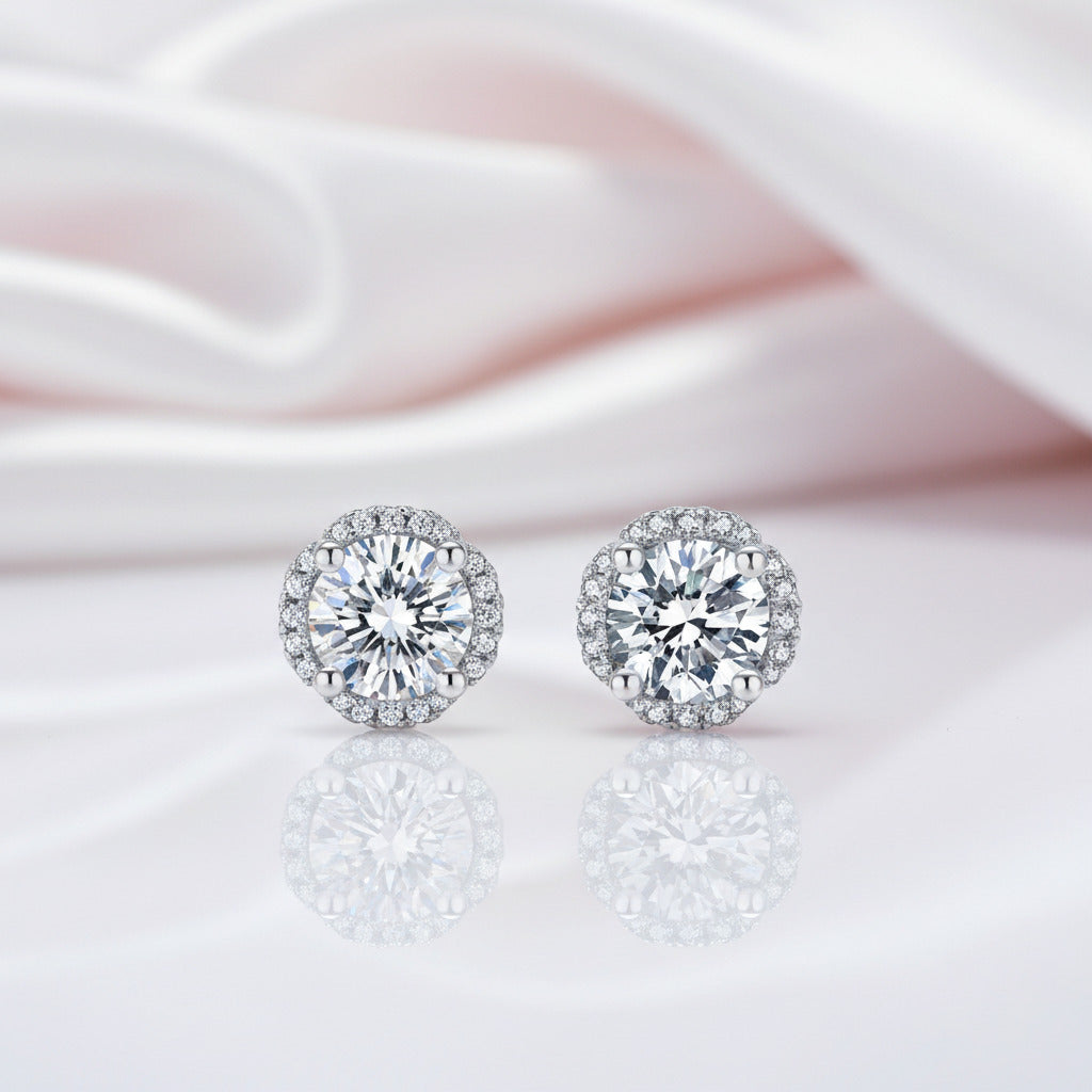 Flower Design Halo 1.0 Carat Round Cut Diamond Option Stud Earrings-Black Diamonds New York