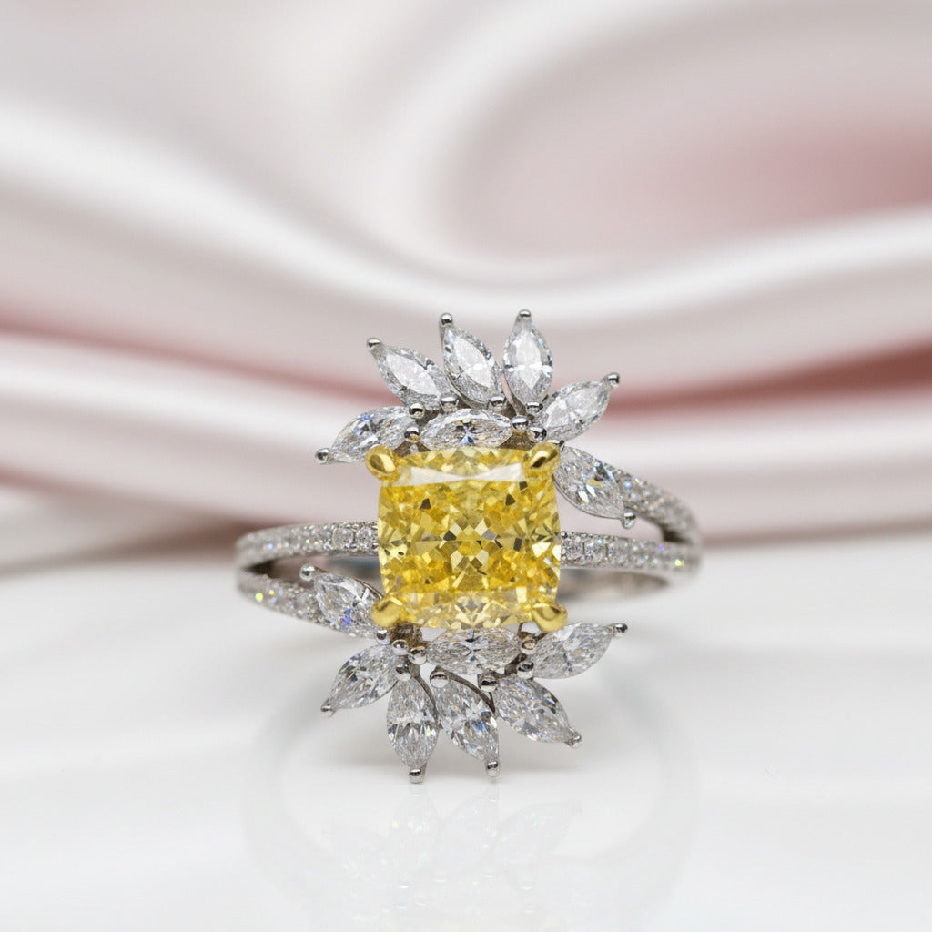 Flower Design Radiant Cut Yellow Sapphire Engagement Ring-Black Diamonds New York