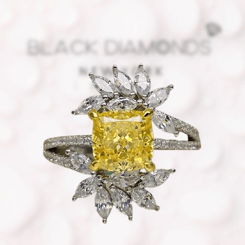 Flower Design Radiant Cut Yellow Sapphire Engagement Ring-Black Diamonds New York