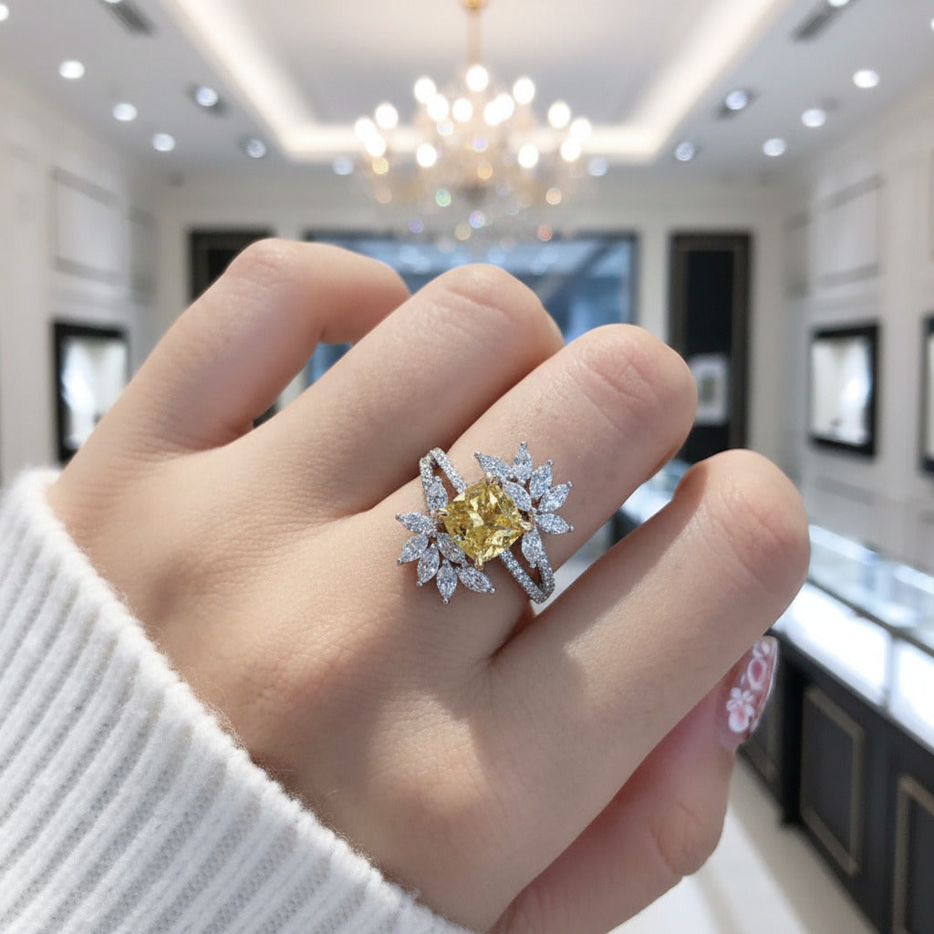 Flower Design Radiant Cut Yellow Sapphire Engagement Ring-Black Diamonds New York