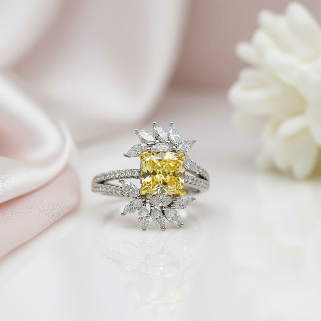 Flower Design Radiant Cut Yellow Sapphire Engagement Ring-Black Diamonds New York