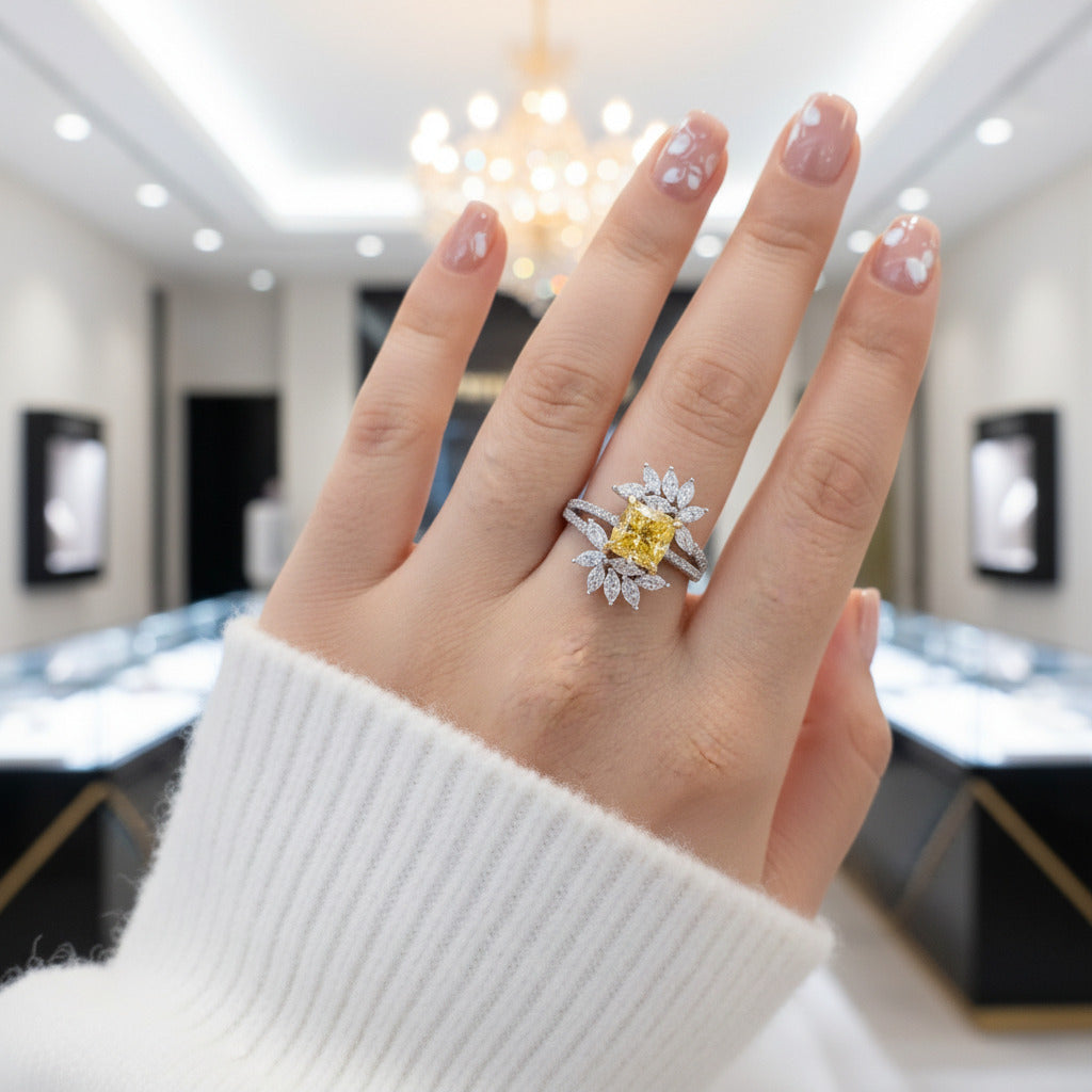 Flower Design Radiant Cut Yellow Sapphire Engagement Ring-Black Diamonds New York
