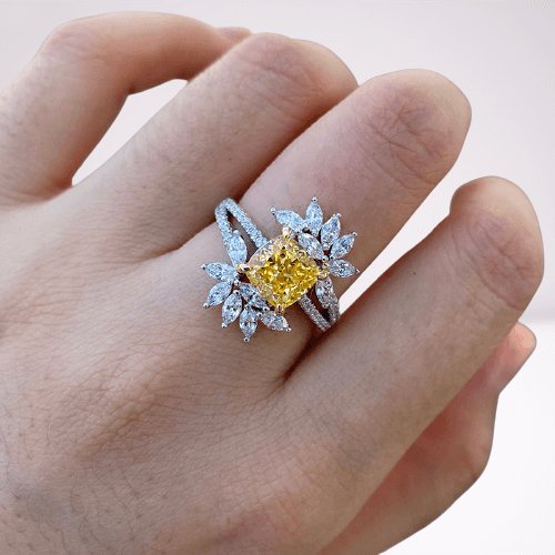 Flower Design Radiant Cut Yellow Sapphire Engagement Ring-Black Diamonds New York