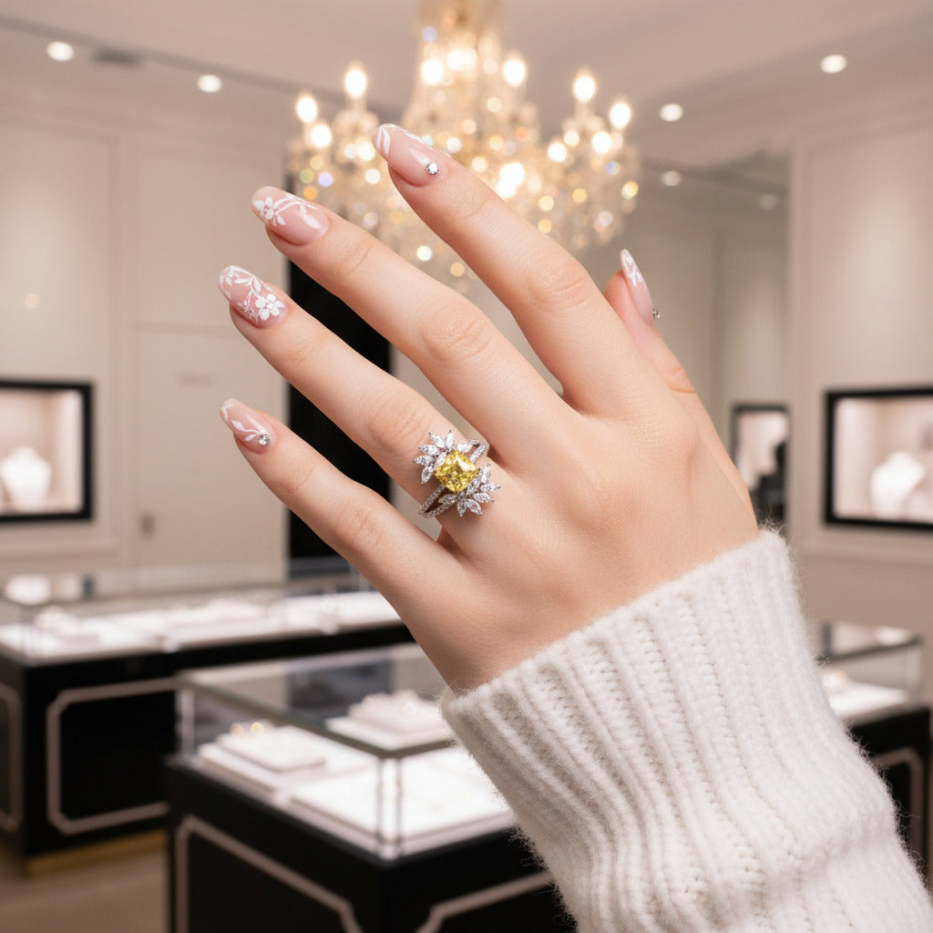 Flower Design Radiant Cut Yellow Sapphire Engagement Ring-Black Diamonds New York