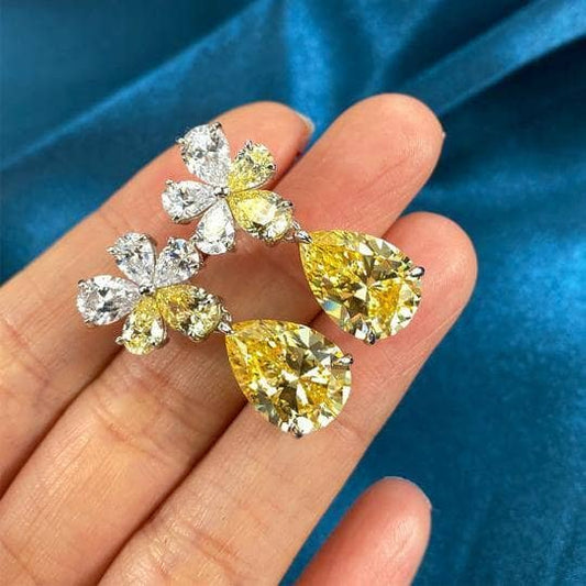 Flower Design Yellow Sapphire Pear Cut Earrings-Black Diamonds New York