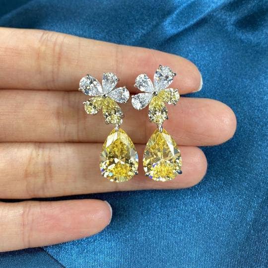 Flower Design Yellow Sapphire Pear Cut Earrings-Black Diamonds New York