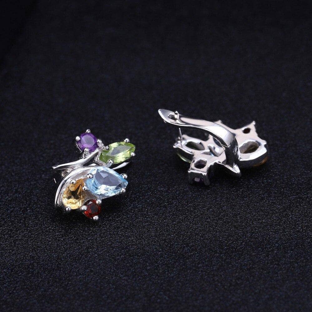 Gem's Ballet Flower Multicolor Natural Amethyst Garnet Peridot Citrine Topaz 925 Sterling Silver Stud Earring For Women Wedding - Black Diamonds New York