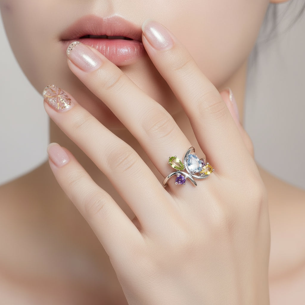 Flower Multicolor Natural Cocktail Ring-Black Diamonds New York