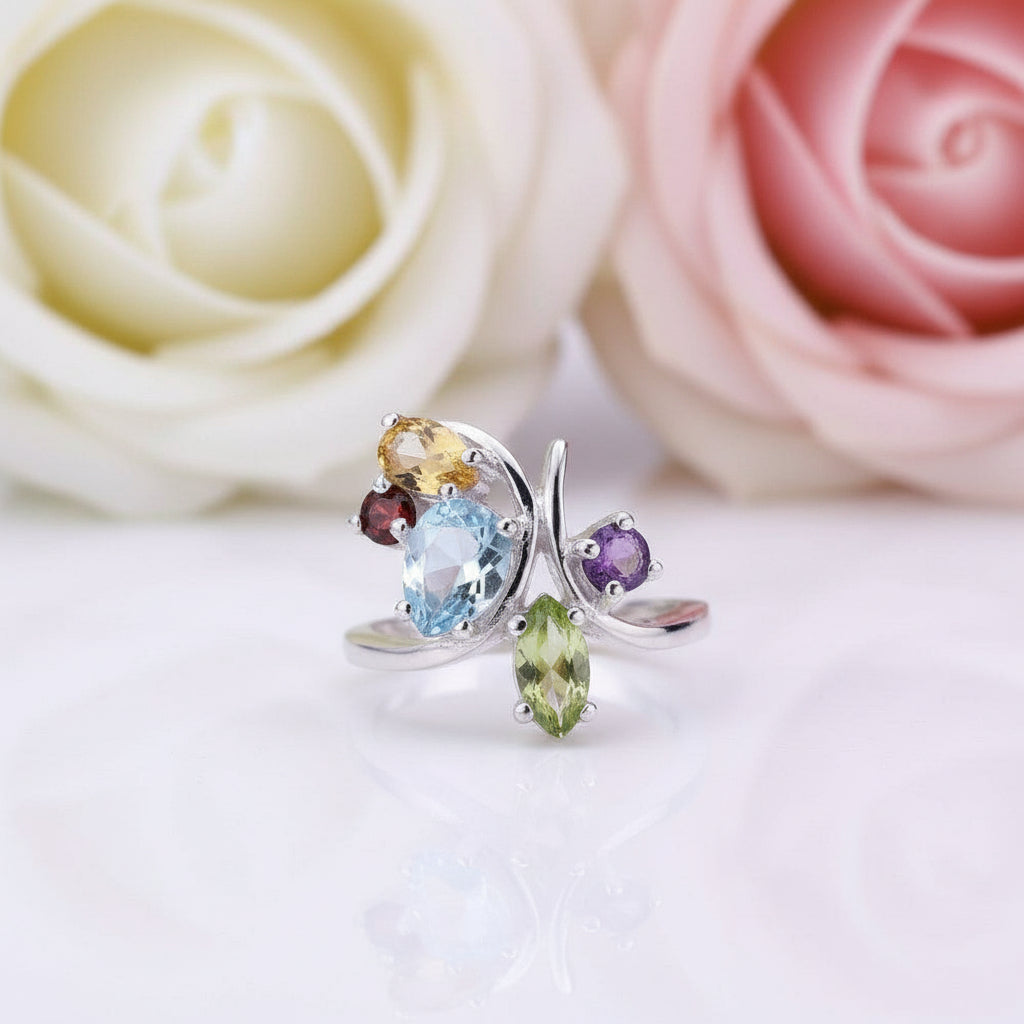 Flower Multicolor Natural Cocktail Ring-Black Diamonds New York