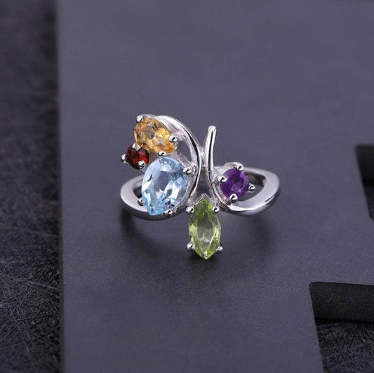 Gem's Ballet Flower Multicolor Natural Amethyst Garnet Peridot Citrine Topaz Cocktail Ring 925 Sterling Silver Ring For Women - Black Diamonds New York