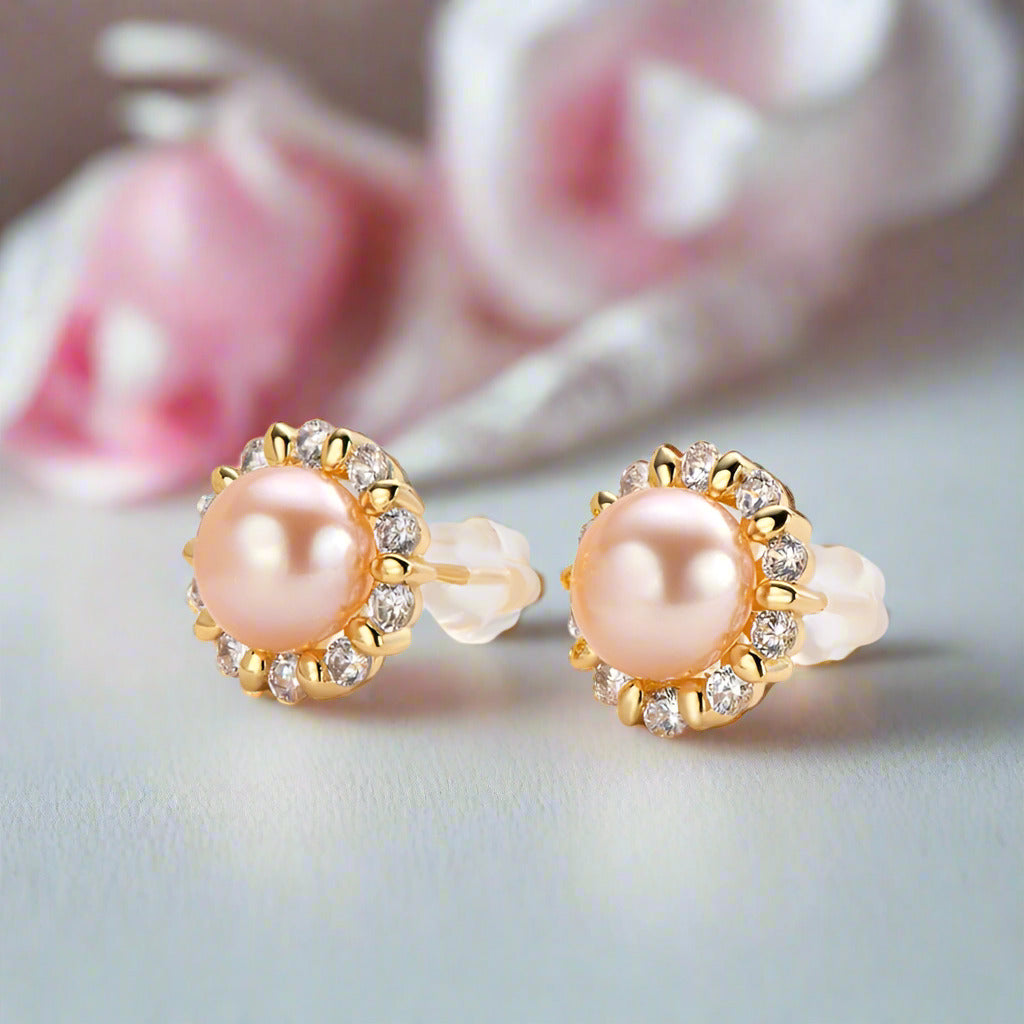 Flower Freshwater Pearl Stud Earrings-Black Diamonds New York