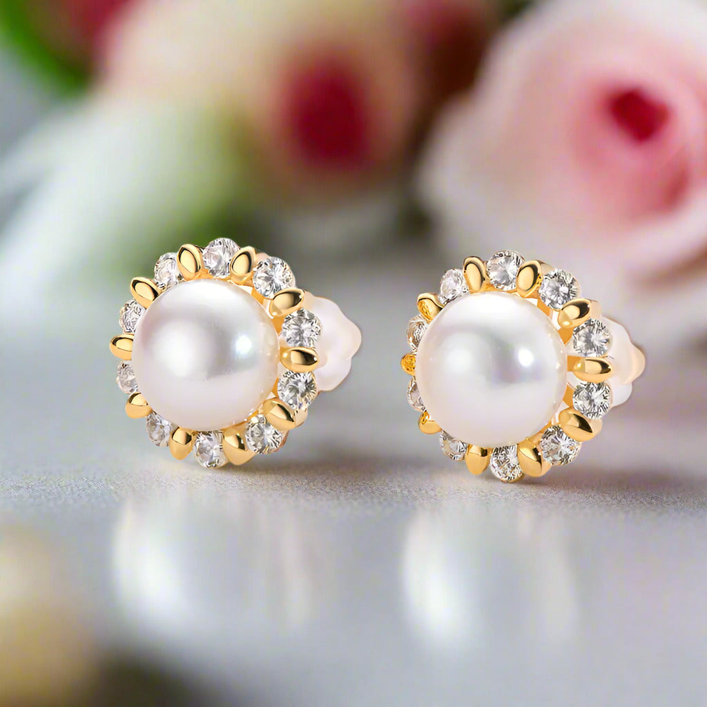 Flower Freshwater Pearl Stud Earrings-Black Diamonds New York