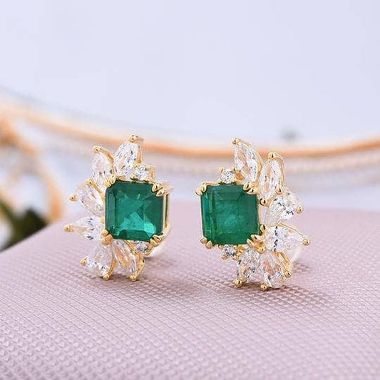 Flower Princess Cut Sona Simulated Diamond Emerald Stud Earrings - Black Diamonds New York