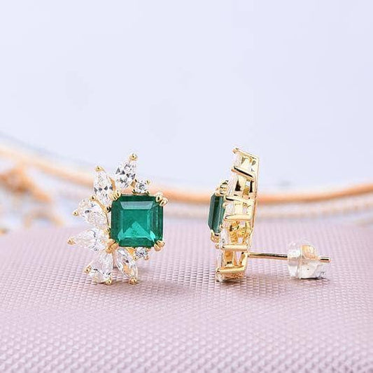 Flower Princess Cut Sona Simulated Diamond Emerald Stud Earrings - Black Diamonds New York