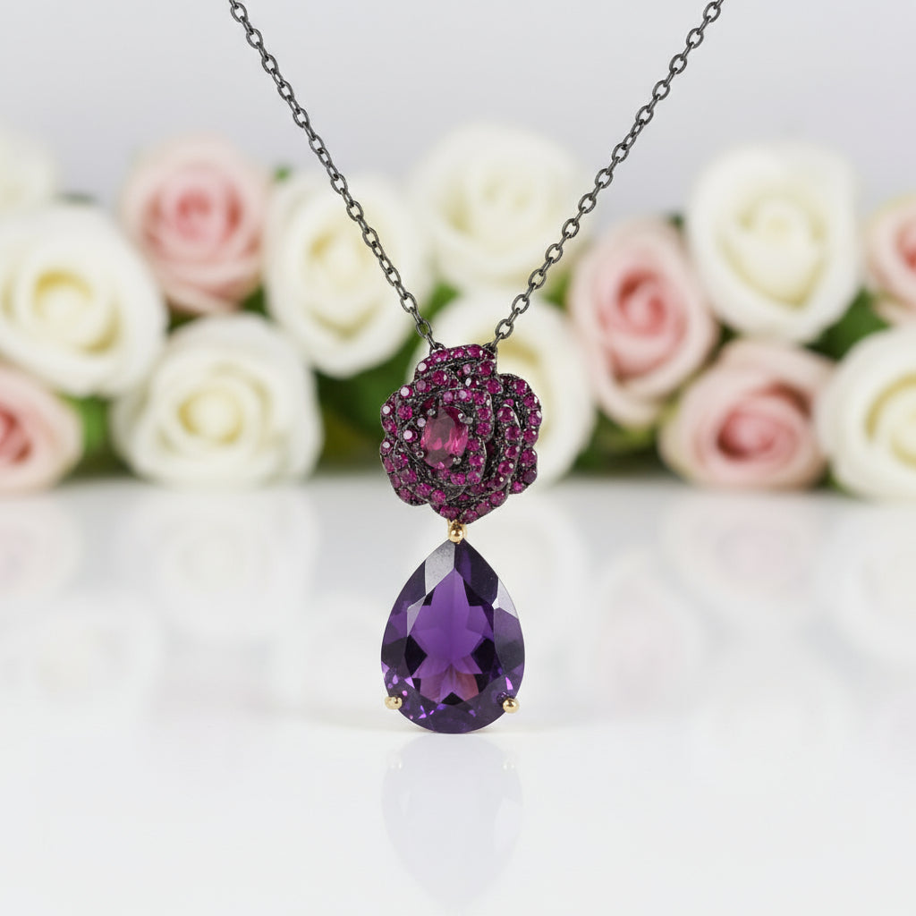 Flower Rose Natural Amethyst Jewelry Set-Black Diamonds New York