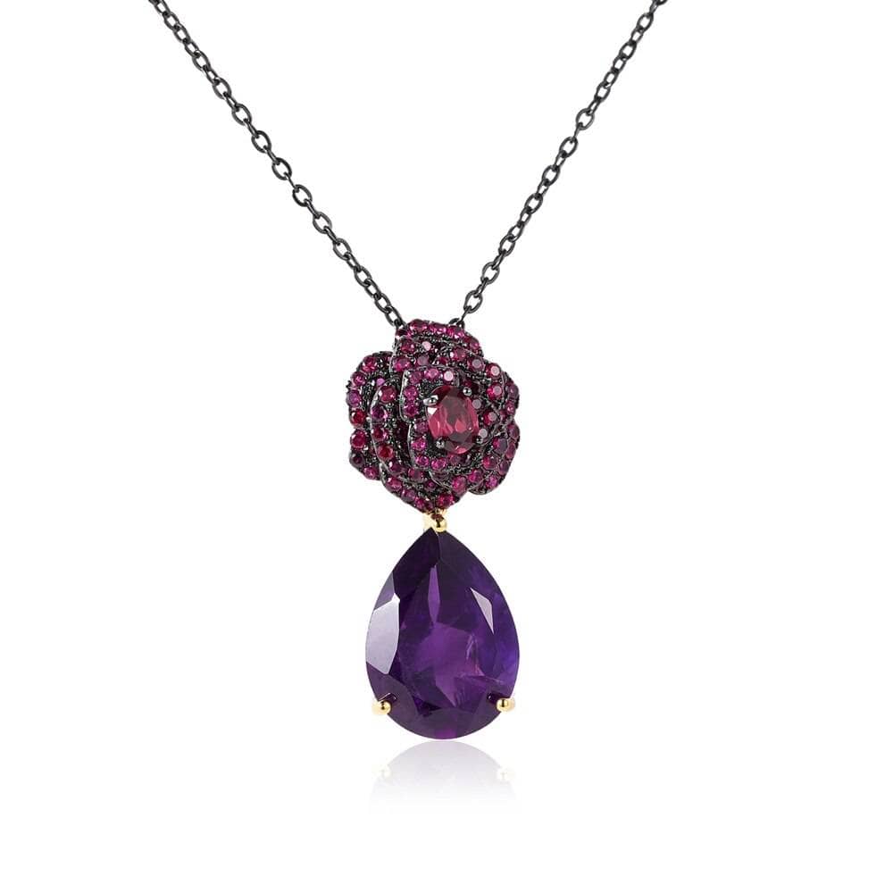 Flower Rose Natural Amethyst Jewelry Set-Black Diamonds New York