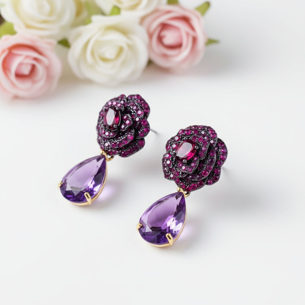 Flower Rose Natural Amethyst Jewelry Set-Black Diamonds New York