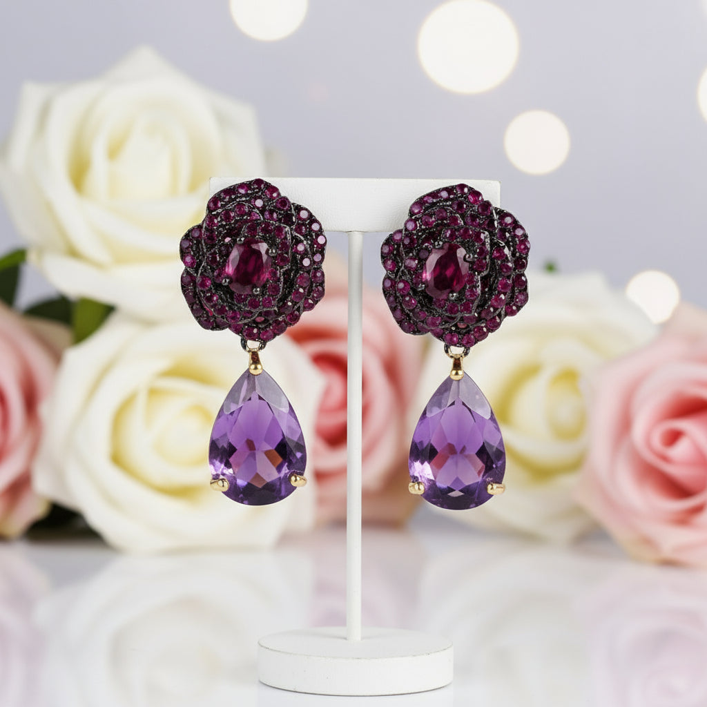 Flower Rose Natural Amethyst Jewelry Set-Black Diamonds New York