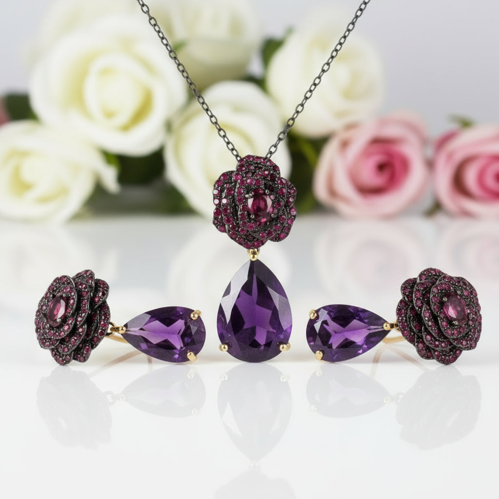 Flower Rose Natural Amethyst Jewelry Set-Black Diamonds New York