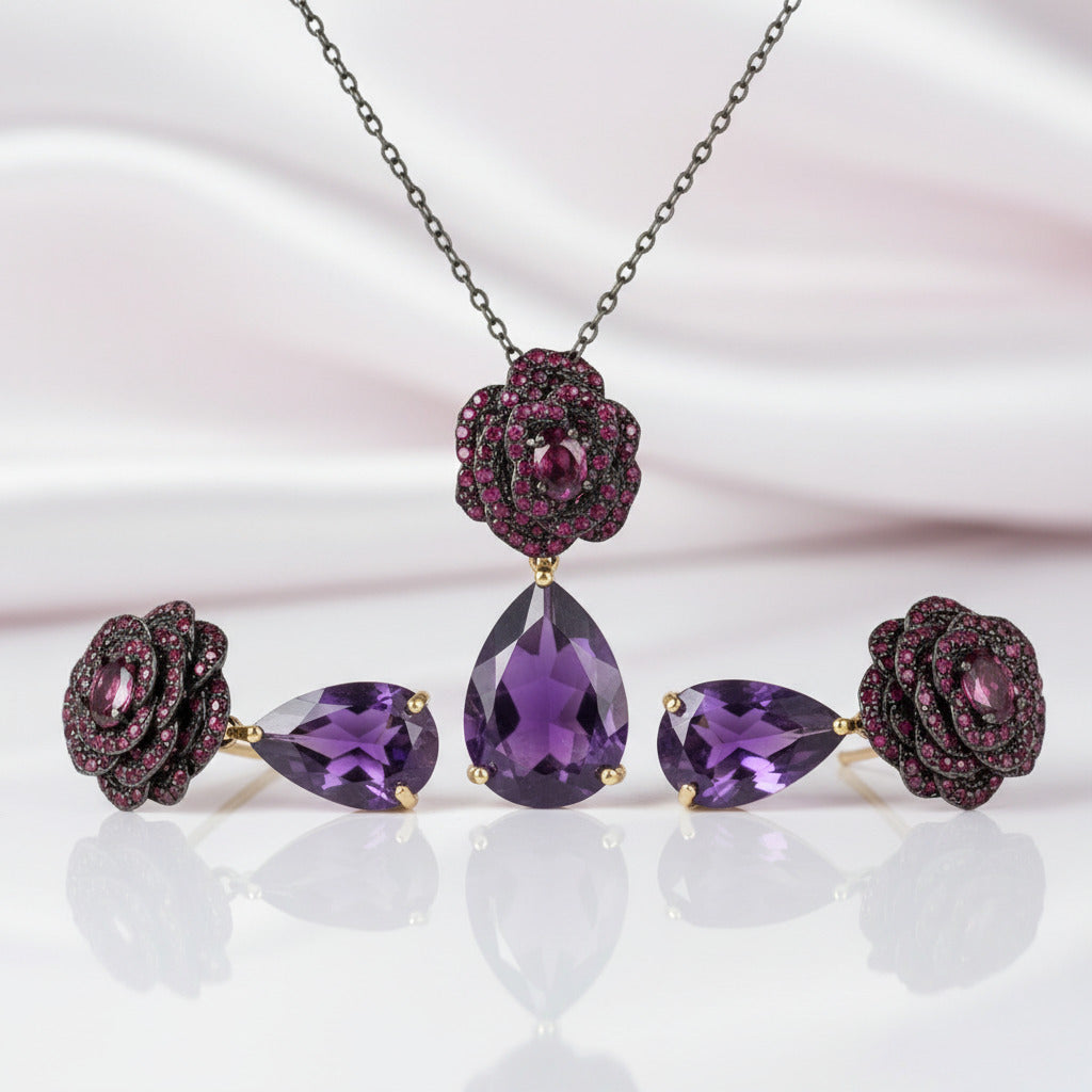Flower Rose Amethyst Jewelry Set-Black Diamonds New York