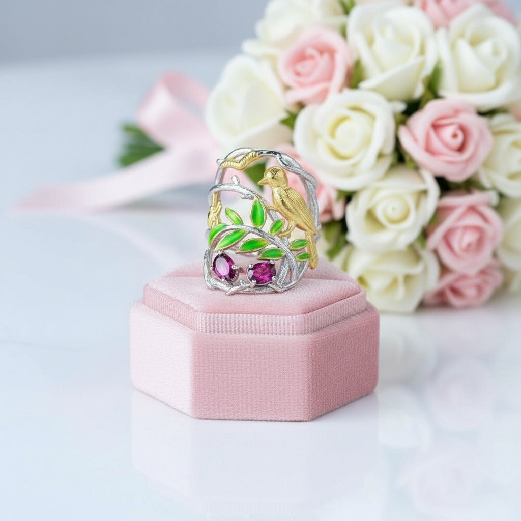 Flowers And Birds On Branch Ring-Black Diamonds New York