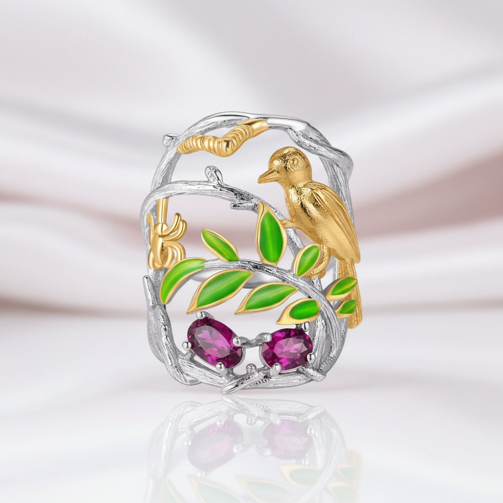 Flowers And Birds On Branch Ring-Black Diamonds New York