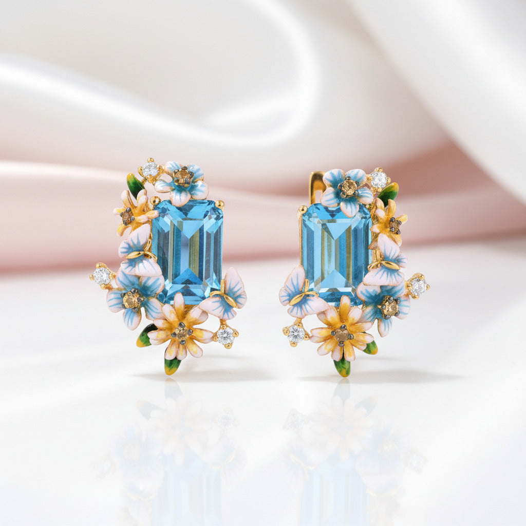 Flowers & Butterfly Enamel Earrings-Black Diamonds New York