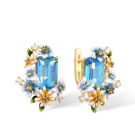 Flowers & Butterfly Enamel Earrings-Black Diamonds New York