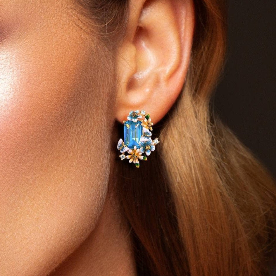 Flowers & Butterfly Enamel Earrings-Black Diamonds New York
