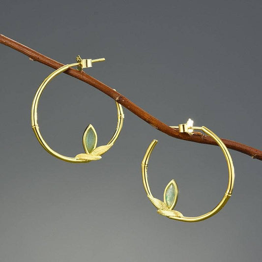 Fresh Bamboo Leaves Round Hoop Earrings-Black Diamonds New York