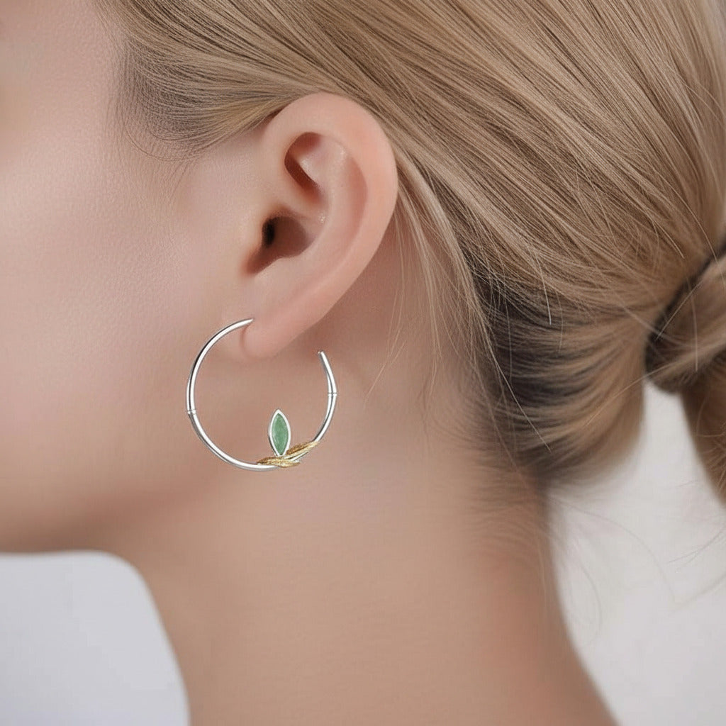 Fresh Bamboo Leaves Round Hoop Earrings-Black Diamonds New York