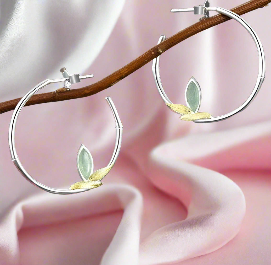 Fresh Bamboo Leaves Round Hoop Earrings-Black Diamonds New York