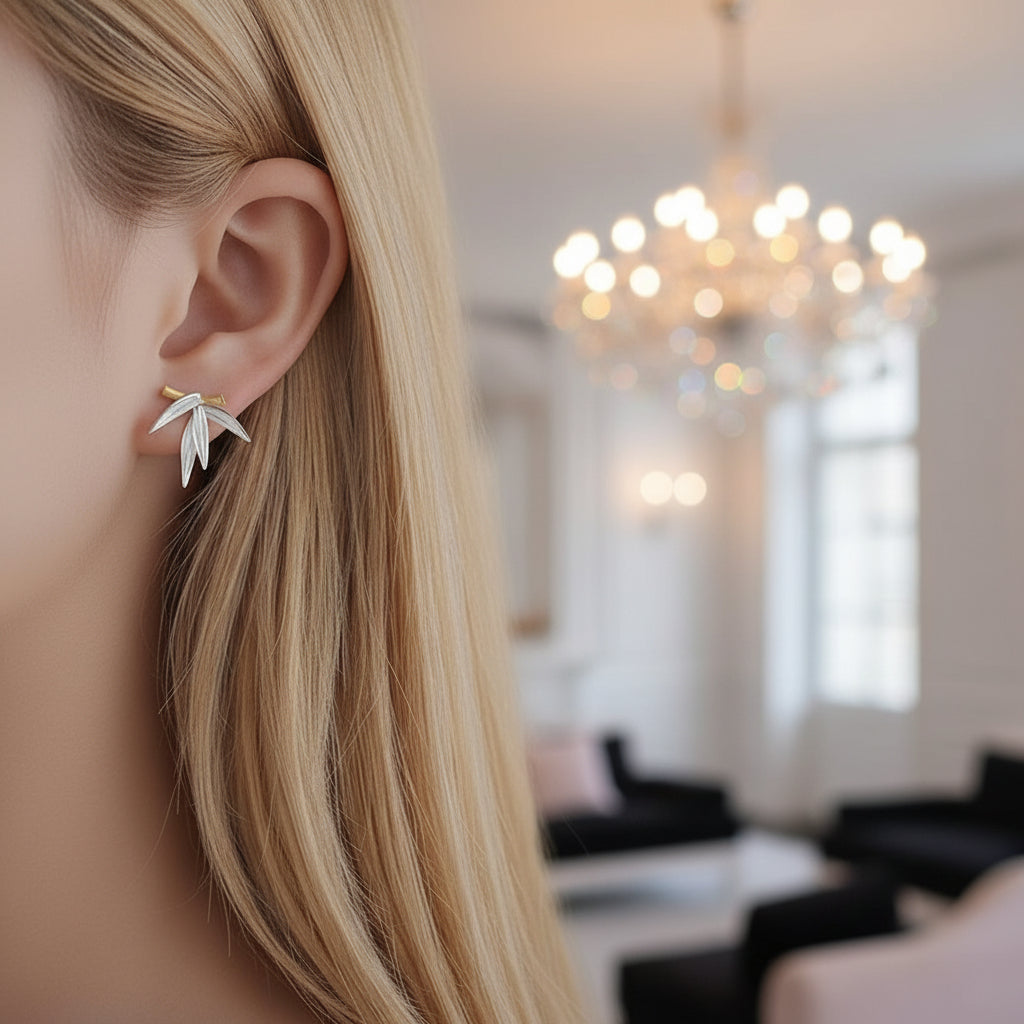 Fresh Bamboo Leaves Stud Earrings-Black Diamonds New York