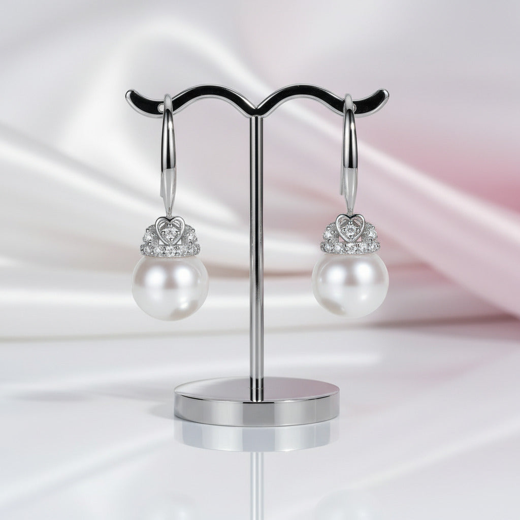 Fresh Water Heart Crown Pearl Hook Drop Earrings-Black Diamonds New York