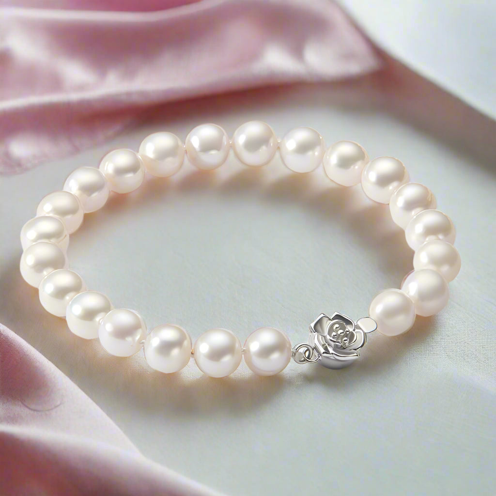 Freshwater Pearl Flower Charm Bracelet-Black Diamonds New York