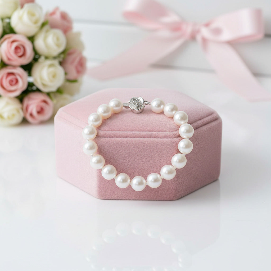 Freshwater Pearl Flower Charm Bracelet-Black Diamonds New York