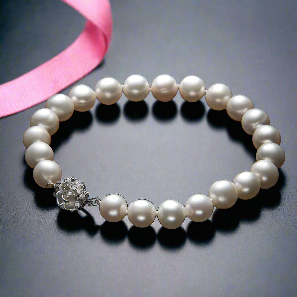 Freshwater Pearl Flower Charm Bracelet-Black Diamonds New York