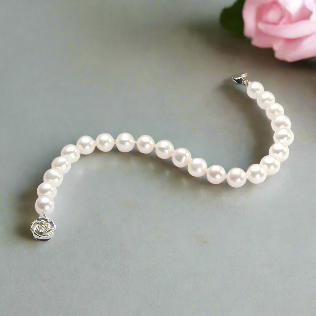 Freshwater Pearl Flower Charm Bracelet-Black Diamonds New York