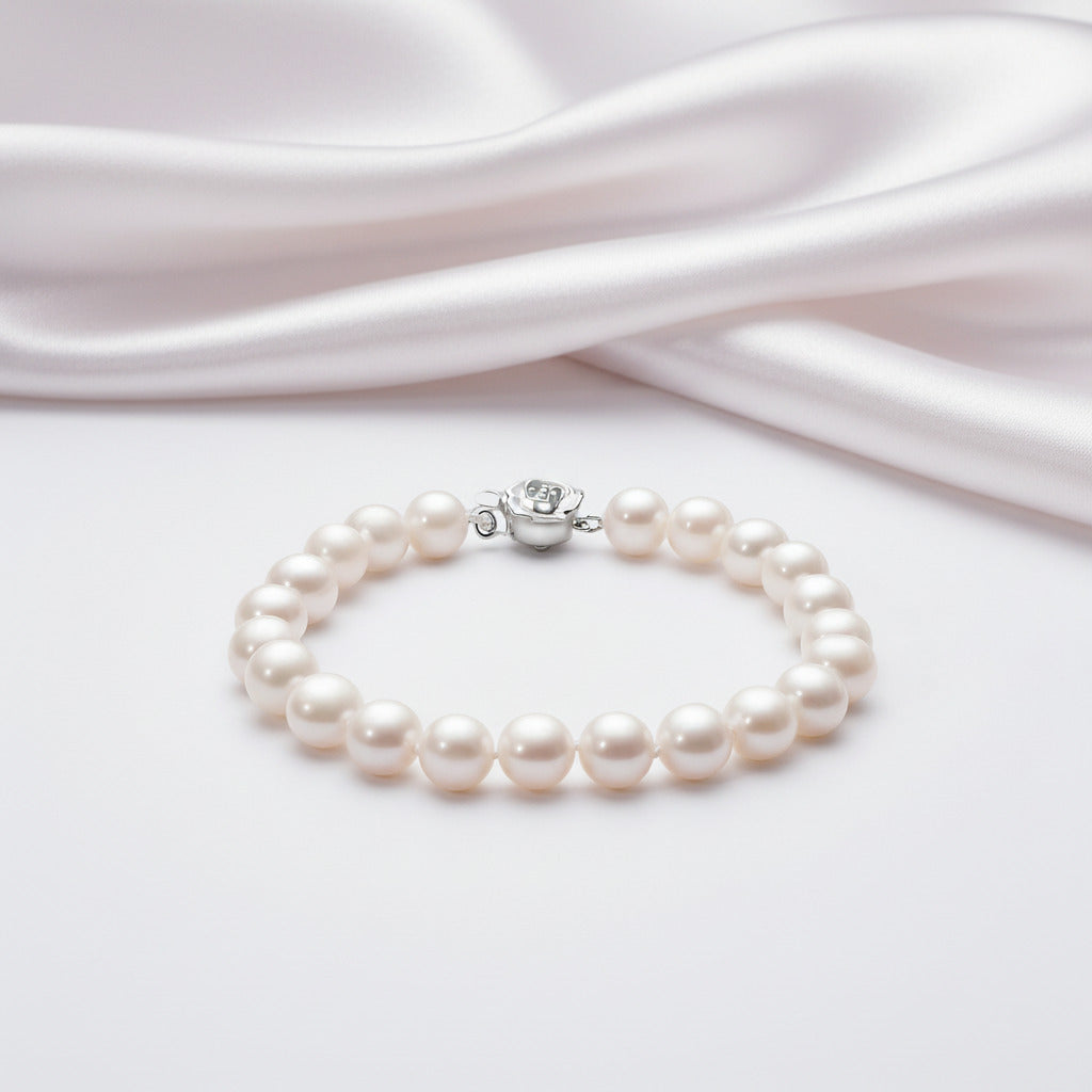 Freshwater Pearl Flower Charm Bracelet-Black Diamonds New York